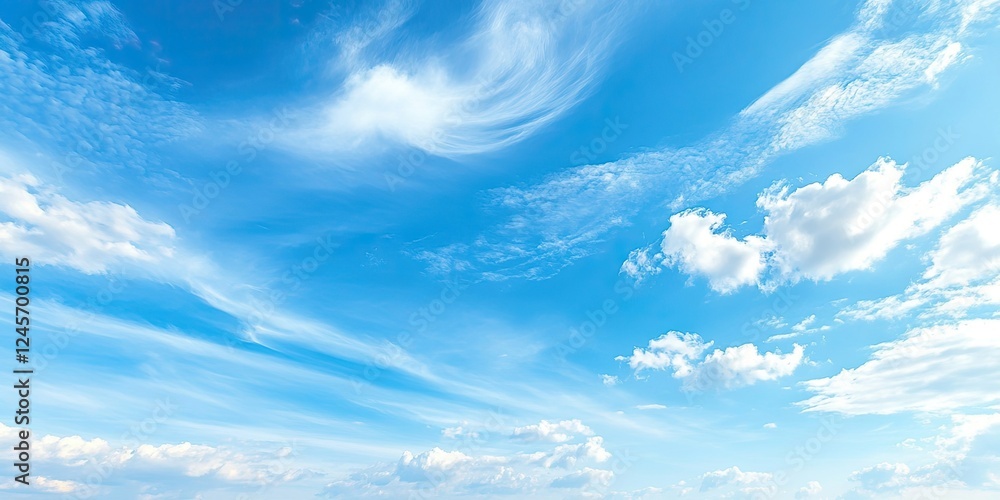 Vast expanse of bright blue sky with soft white clouds scattered across the top third of the image creating ample copy space below for text. Vast expanse of bright blue sky with soft white clouds scattered across the top third of the image creating ample copy space below for text.