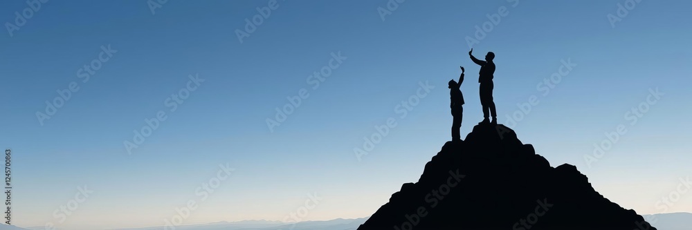 © DITSARAPHAN - Silhouette of businessman standing triumphantly on mountain peak, symbolizing success and leadership, mountain, goal, successful