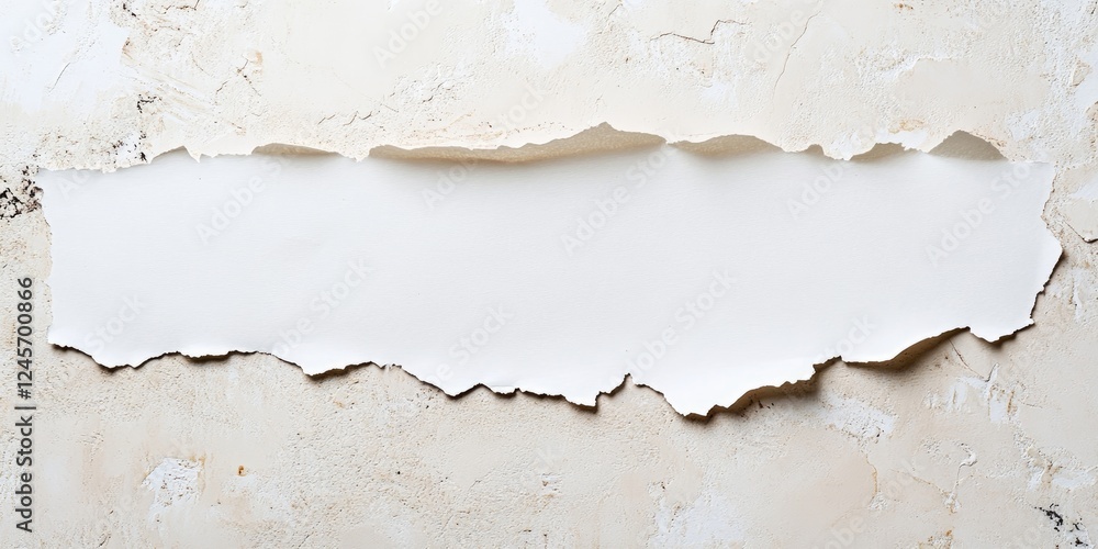 Torn white paper centered on a textured beige background with ample negative space creating a minimalistic and clean aesthetic Torn white paper centered on a textured beige background with ample negative space creating a minimalistic and clean aesthetic