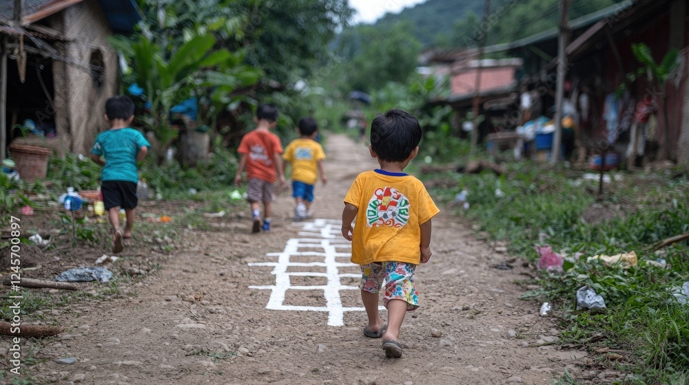 Children playing hopscotch on dirt road, rural village background