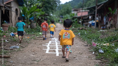 Obraz na płótnie Children playing hopscotch on dirt road, rural village background w salonie