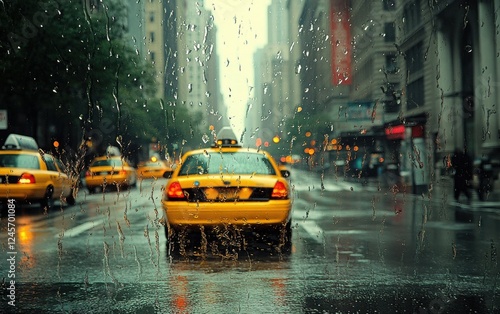 Yellow taxi cab driving on a wet street with bokeh effect in the background during rainy weather photo