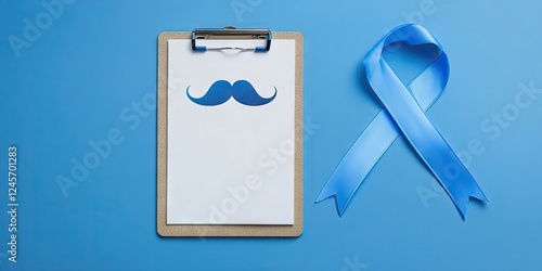 Blue clipboard with white paper featuring a blue mustache graphic next to a blue ribbon on a solid blue background.