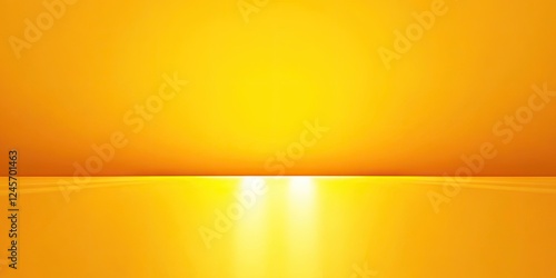 Golden sunset horizon with vibrant yellow gradient, calm reflective water surface, soft glow at the center, creating a serene atmosphere.