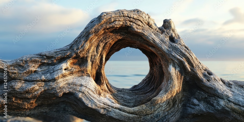 Carved tree trunk with a circular hole in the center positioned in the foreground against a calm seaside background featuring soft blue and beige hues Carved tree trunk with a circular hole in the center positioned in the foreground against a calm seaside background featuring soft blue and beige hues