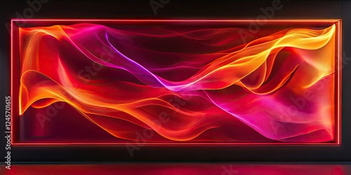 Abstract flowing waves in vibrant shades of red, orange, and purple illuminated against a dark background, creating a dynamic, modern art display.