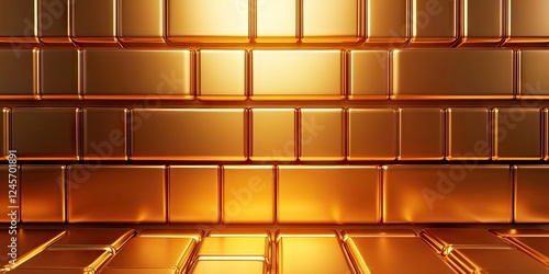Golden bank bullion bars arranged in stacked rows with a soft glow in the background, creating an empty space for text or images on a finance theme.