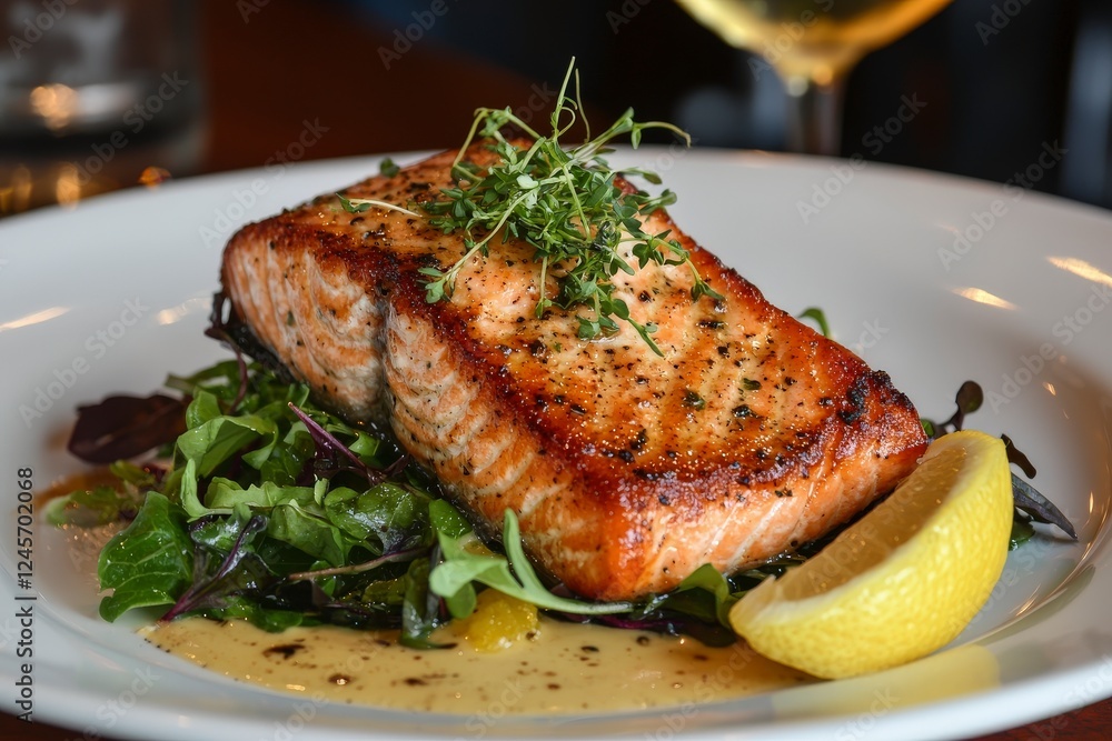Grilled salmon fillet on fresh salad bed with lemon garnish and herbs served in a restaurant setting Grilled salmon fillet on fresh salad bed with lemon garnish and herbs served in a restaurant setting