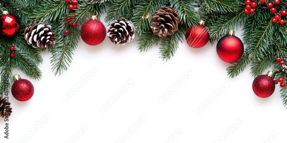 Christmas greenery with red ornaments pinecones and berries arranged at the top of a white background creating a festive and vibrant frame Christmas greenery with red ornaments pinecones and berries arranged at the top of a white background creating a festive and vibrant frame
