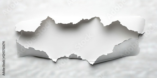 Torn white paper sheet on a textured light gray surface revealing the background below; soft shadows enhance the depth of the tear.