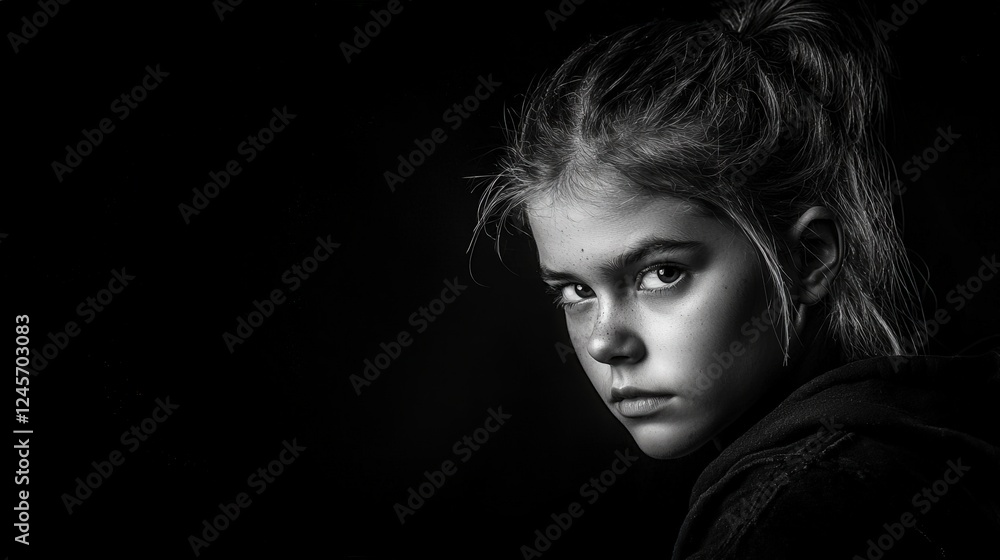 Intimate black and white close-up dramatic studio portrait of a young girl with emotional depth Intimate black and white close-up dramatic studio portrait of a young girl with emotional depth