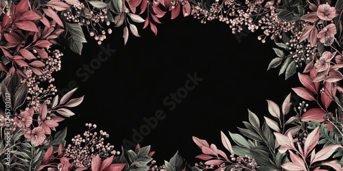 Floral frame design with red and green leaves and berries on a black background, creating a vibrant border for elegant text or graphics.