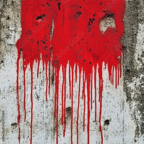 Red paint dripping down a concrete wall creating a bold graffiti art effect on a textured surface