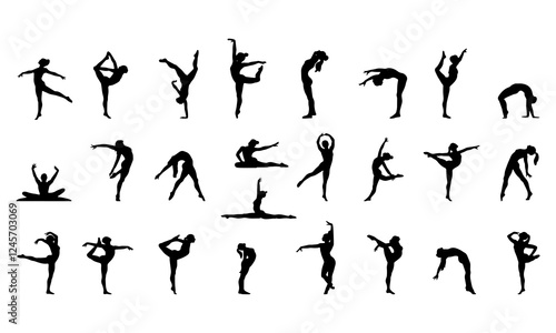 Gymnast silhouette set. dynamic gymnast poses, artistic performance, flexibility, strength, fitness, sports, Gymnast silhouette vector design for balance, gracefulness