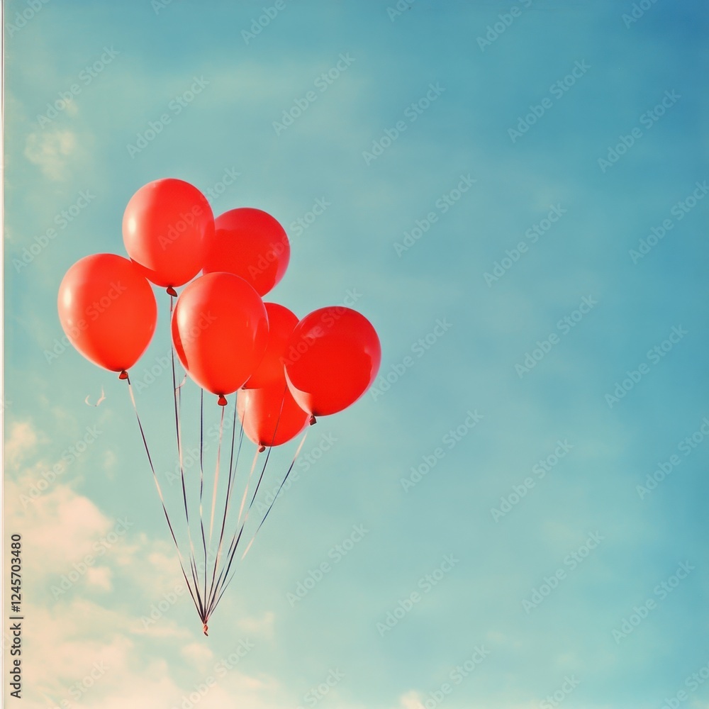 Bright red helium balloons floating above a zen papaya on a soft background Bright red helium balloons floating above a zen papaya on a soft background