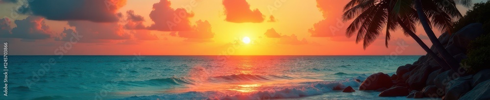 Fototapeta premium Sunset over turquoise ocean, palm trees silhouette , ocean, summer, Fiji