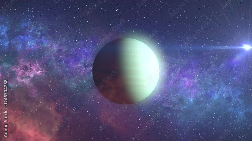 Uranus and a Distant Star in Deep Space
A stunning depiction of Uranus, the ice giant with its pale greenish hue, set against a glowing distant star and a colorful cosmic nebula.
Uranus and a Distant Star in Deep Space
A stunning depiction of Uranus, the ice giant with its pale greenish hue, set against a glowing distant star and a colorful cosmic nebula.