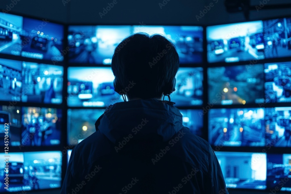 Security Operator Monitoring Multiple Surveillance Screens Security Operator Monitoring Multiple Surveillance Screens