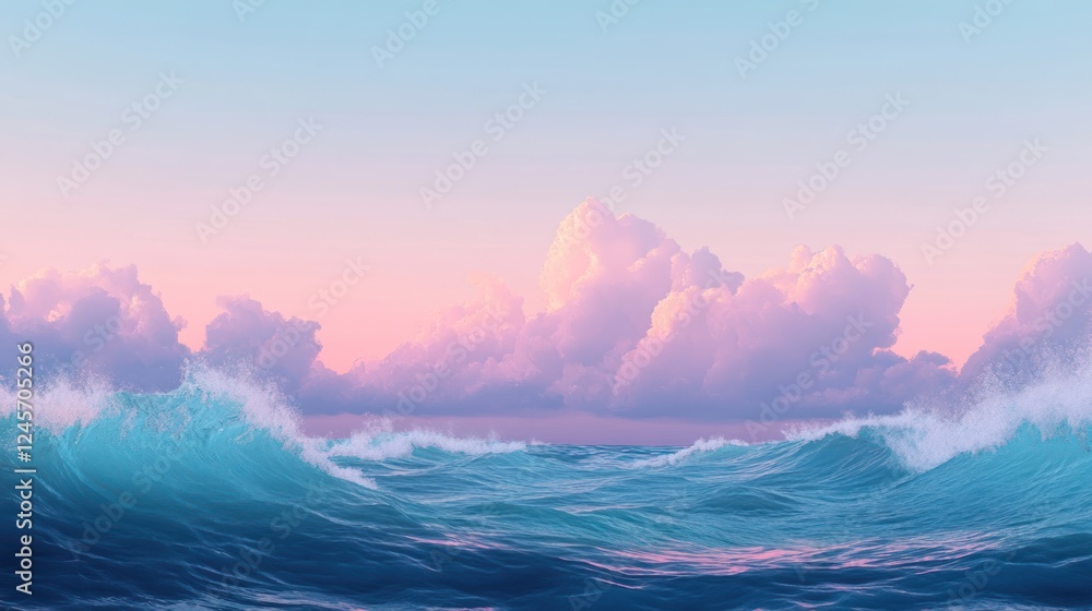 Naklejka premium A tranquil digital ocean scene, where the waves roll gently under a soft blue and pink sunset sky, creating a peaceful and calm landscape