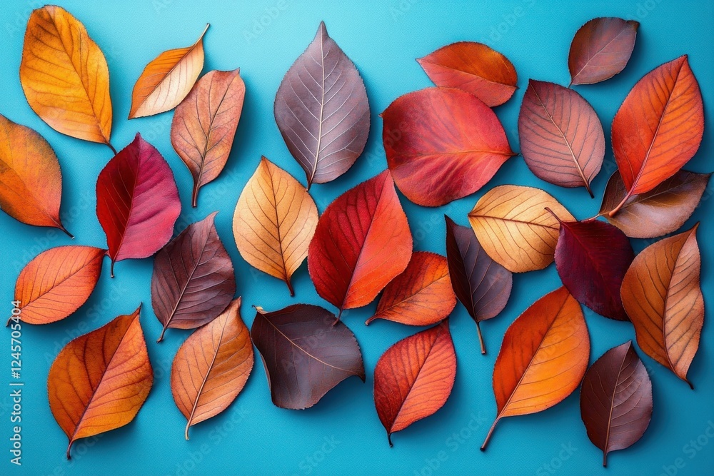 Autumn leaves arrangement in red and orange on turquoise background Autumn leaves arrangement in red and orange on turquoise background