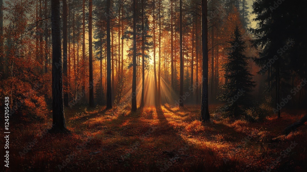 Fototapeta premium Serene Forest Landscape with Sunlight Filtering Through Trees