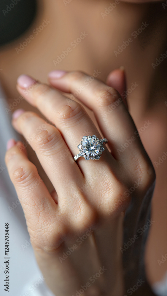 Elegant Diamond Engagement Ring: Close-up of Woman's Hand Holding Sparkling Jewelry for Bridal Ads and Luxury Marketing Elegant Diamond Engagement Ring: Close-up of Woman's Hand Holding Sparkling Jewelry for Bridal Ads and Luxury Marketing