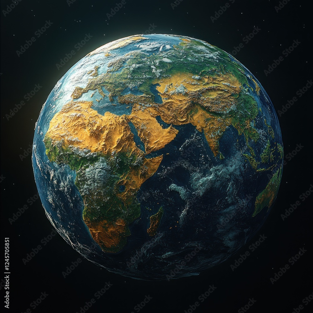 Detailed 3D Render of Earth Showing Africa Europe and Asia with Vibrant Oceans and Warm Sunlight Detailed 3D Render of Earth Showing Africa Europe and Asia with Vibrant Oceans and Warm Sunlight