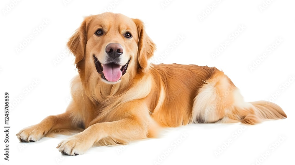 Happy golden retriever dog lying on a white background, exuding joy and playfulness Happy golden retriever dog lying on a white background, exuding joy and playfulness