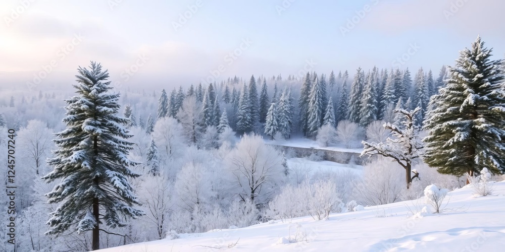 Naklejka premium Winter background of snow and frost covering a serene landscape of a forest, landscape, snow, scenic