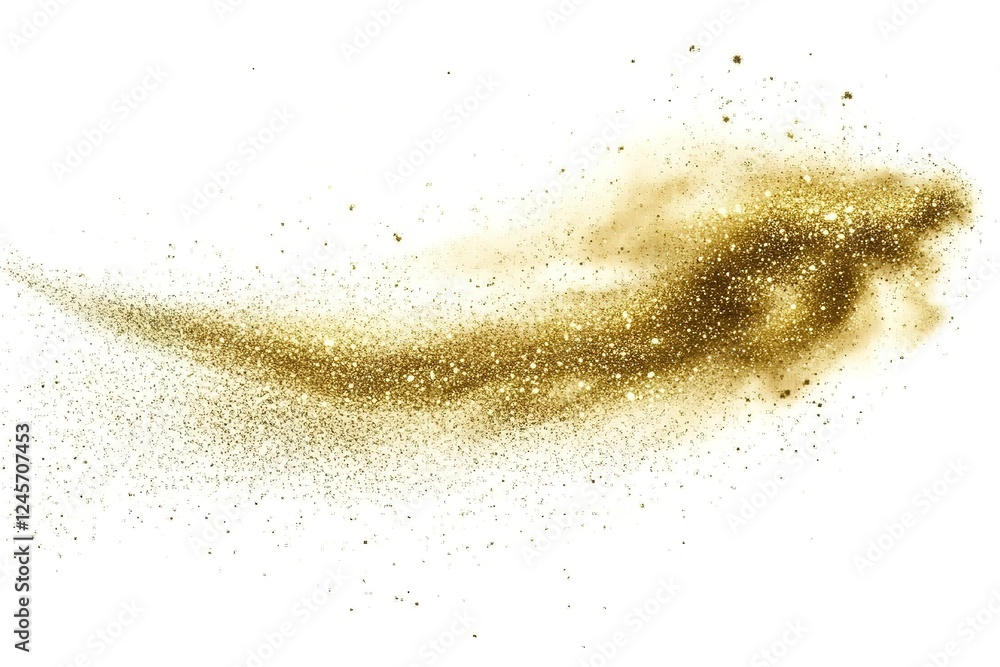 Fototapeta premium Enchanted Golden Glitter Trail: Sparkling Magic Dust on Pristine White Background. Perfect for enchanting designs, festive celebrations, magical themes, and whimsical backgrounds. Ideal for 