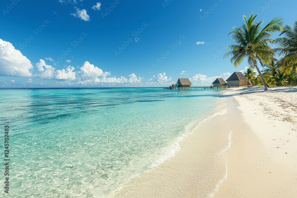 Fototapeta premium Serene Beach Landscape with Clear Turquoise Water and Palm Trees Beneath a Bright Blue Sky and Fluffy Clouds