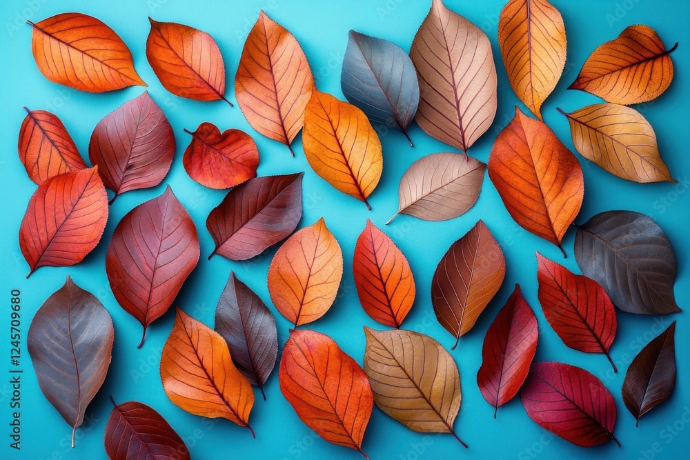 Vibrant autumn leaves arrangement in red and orange colors on turquoise background Vibrant autumn leaves arrangement in red and orange colors on turquoise background