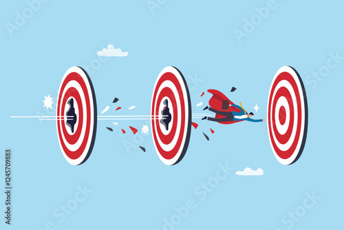 Power to reach targets, goals or achievements, aiming, challenge or aspiration to success, motivation or strength, leadership skill concept, businessman superhero flying breakthrough target bullseyes.