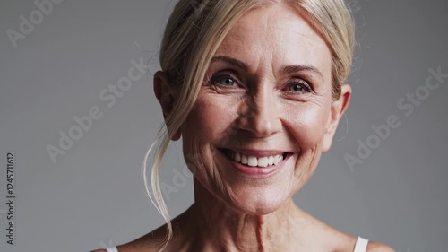 A 50-year-old woman with blonde hair and glowing skin, showcasing visible wrinkles, is smiling in a softly lit light grey studio. She is dressed in a simple strapless white top 