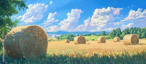 Round golden hay bales neatly arranged in a sprawling golden field under a bright blue sky, with fluffy white clouds and distant green hills in the background.