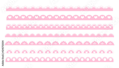 Scalloped pink border simple cute divider with heart and dots ornament edge cutout decoration isolated on white background. 