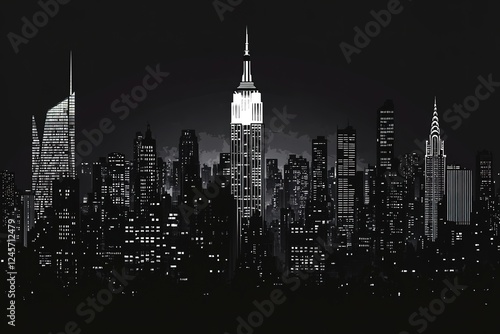 Manhattan Nightscape: Iconic Skyline Silhouettes, Dark City, New York City at Night, Dramatic Skyscrapers, Urban Nightscape, Glowing City Lights, Black and White Skyscrapers, Night Cityscape, Modern  