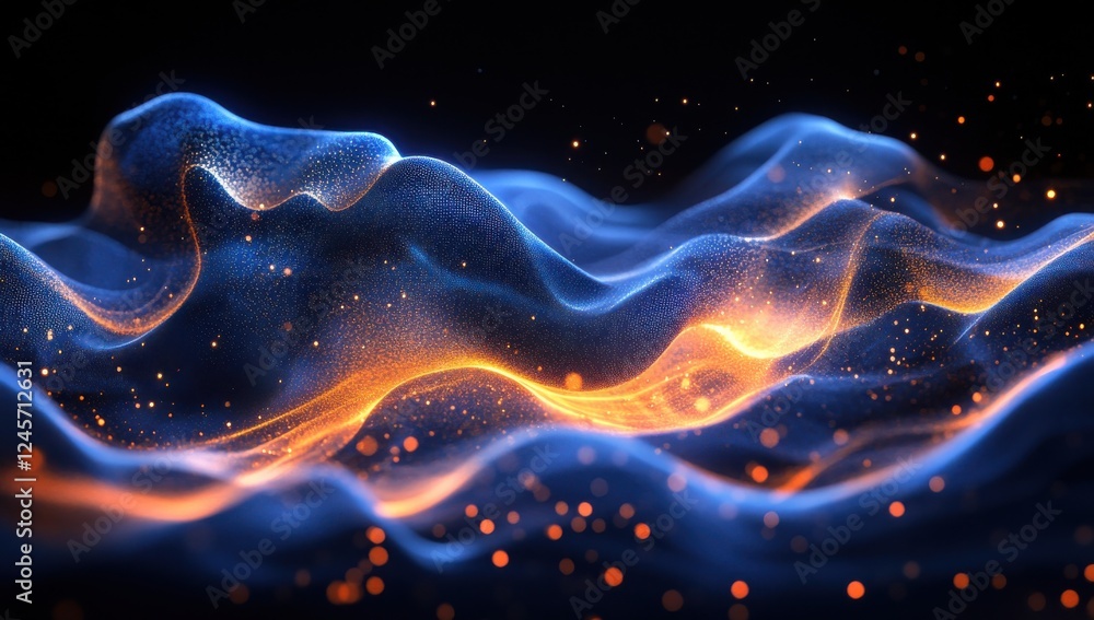 Fototapeta premium Abstract colorful texture with glowing particles and fluid shapes creating a mesmerizing wave pattern against a dark backdrop for creative projects