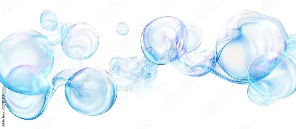 Delicate translucent blue soap bubbles floating in a wavy pattern against a bright white background creating a fresh and clean aesthetic Delicate translucent blue soap bubbles floating in a wavy pattern against a bright white background creating a fresh and clean aesthetic