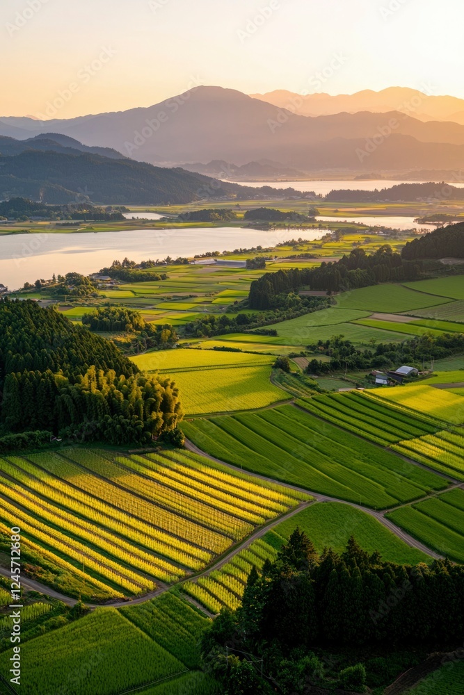 Naklejka premium Serene Sunset Over Lush Green Valley Farmlands