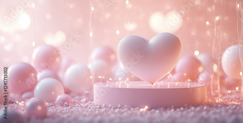 A pink heart-shaped podium with lights and balloons floating around it, set against a soft pastel background for Valentine's Day, 