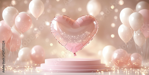 A pink heart-shaped podium with lights and balloons floating around it, set against a soft pastel background for Valentine's Day, 