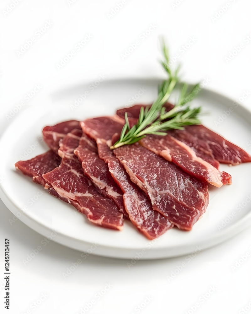 Freshly sliced raw meat arranged on a white plate with a sprig of rosemary, ideal for culinary presentations Freshly sliced raw meat arranged on a white plate with a sprig of rosemary, ideal for culinary presentations