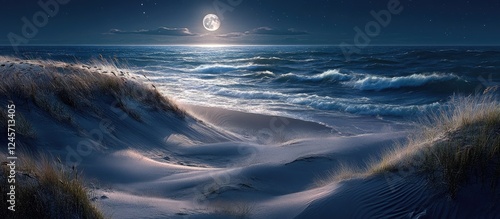 Moonlit beach scene with soft sand dunes illuminated by a large full moon casting silver reflections on dark ocean waves in the background.