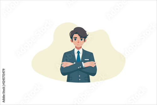 Businessman standing with folded arms pose. Vector illustration.
