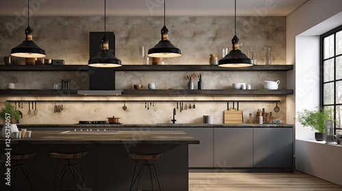 Modern Industrial Kitchen Interior Design with Dark Countertops and Metal Accents
