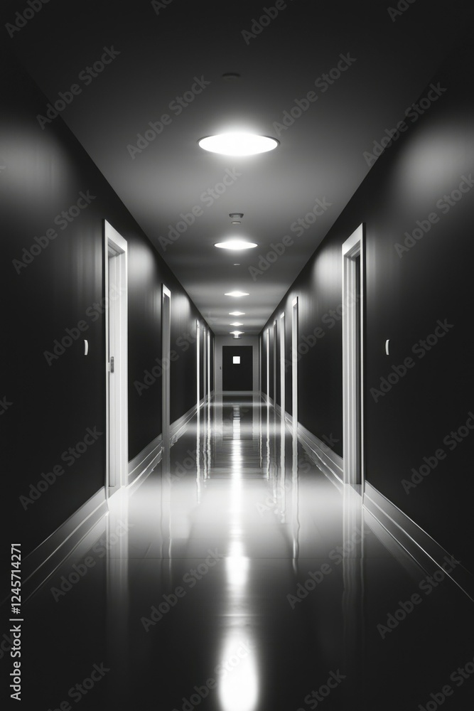 Obraz premium Long Dark Hallway With White Doors and Lights