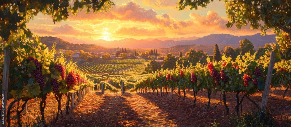 Naklejka premium Vibrant vineyard at sunset with lush green rows and ripe red grapes illuminating the landscape in warm golden hues for a serene harvest scene