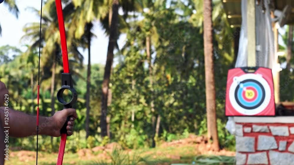 Young Indian man practicing archery in a park, focusing on his target in a natural outdoor setting. Young Indian man practicing archery in a park, focusing on his target in a natural outdoor setting.