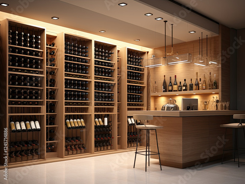Modern Wine Cellar and Home Bar Design with Wooden Storage and Lighting